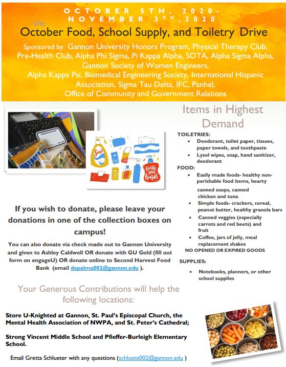 The drive, which runs now through Nov. 3, is collecting toiletries, food and school supplies for those in need.