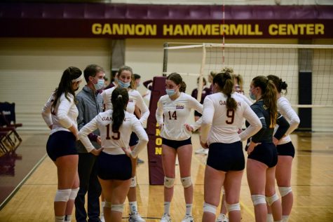 Gannon University’s volleyball team listens to coach Matt Darling at a game against Georgian Court on Feb. 14. The Knights defeated the No. 1 team in the country, Hillsdale, Saturday. 