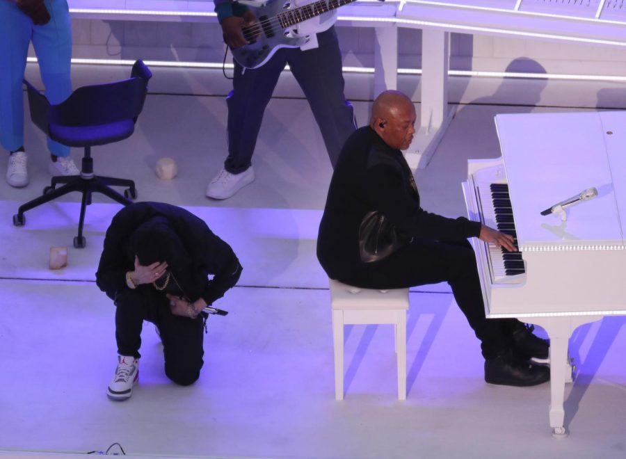 Eminem takes a knee during halftime show performance as Black ally and in continued support of Colin Kaepernick. 