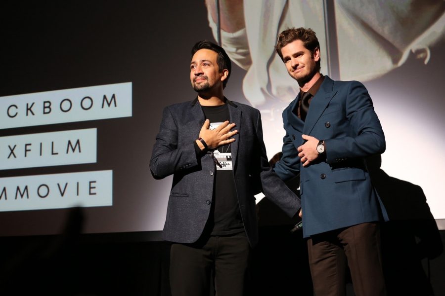 Lin-Manuel MIranda, left, and Andrew Garfield, right, appear on stage together at “Tick, Tick...Boom!” premiere.