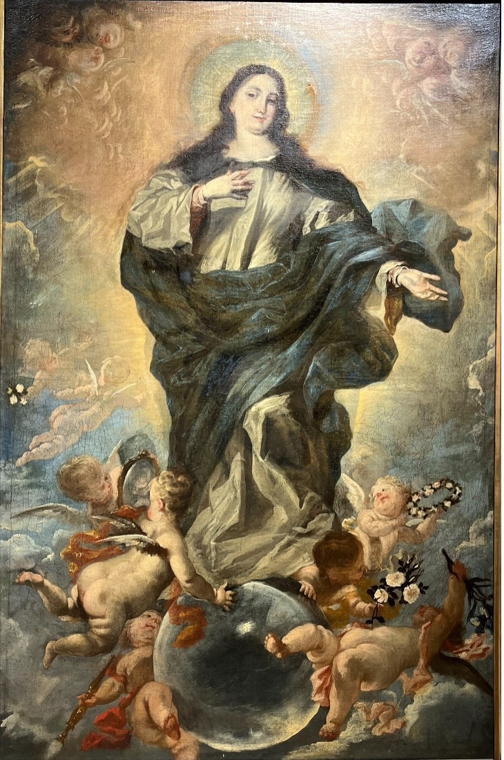 Francisco Meneses Osorios Immaculate Conception painting. Osorio lived in Seville, Spain from 1630-1705. This painting was purchased by Archbishop John Mark Gannon in 1948 and was recently displayed as part of Gannon Universitys Found Treasures display earlier this semester (Dale Hyland).
