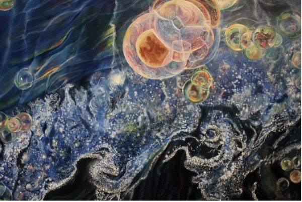 Mystical rainbow bubbles, sparkling swirls and dancing wave refractions flow together to produce this otherworldly painting by Anne Cutrl called Requiem which used oil over Acrylic and Swarovski crystals. 