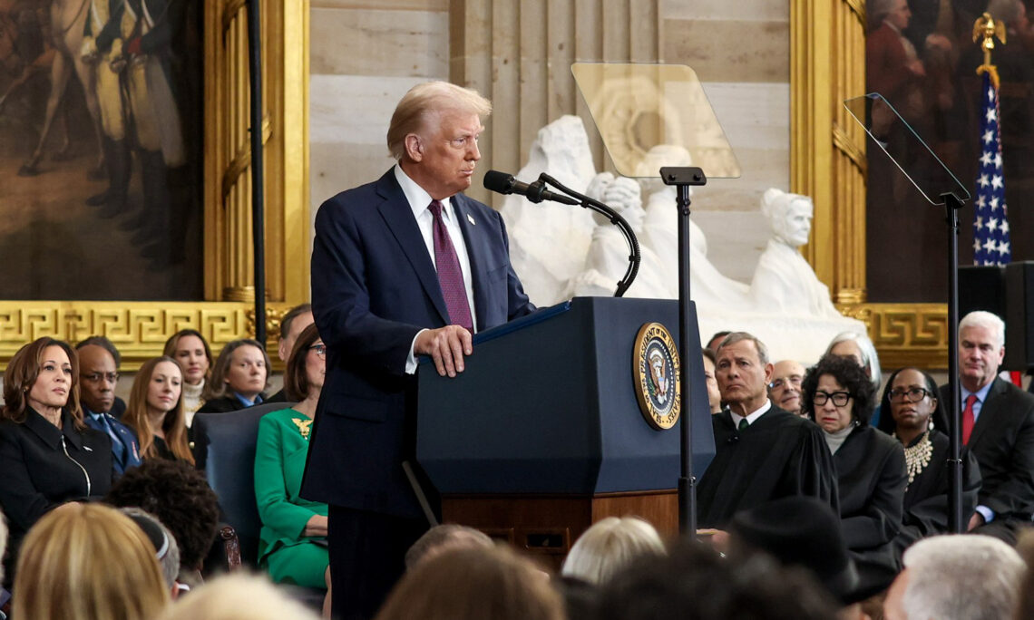 President Donald J. Trump takes the podium for his first address to the nation after taking the oath. (Photo/US Embassy of Romania)