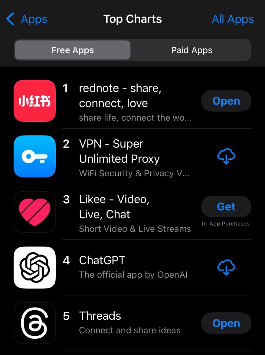 Xiaohongshu ('Little Red Book' or 'RedNote') reached #1 on Apple’s US App Storelast week as the TikTok ban loomed. (Image courtesy of Quoc Huy Ngo)