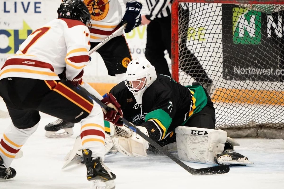 #17 Cole Ternent (pictured) shoots the puck at Jamestown’s goaltender 