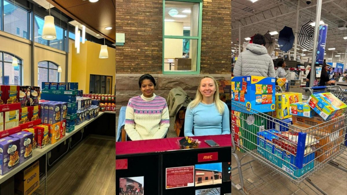 Gannon student workers at Store U-Knighted, demonstrating the community’s commitment to fighting food insecurity. (Photo/Ana Millán Esquivel)