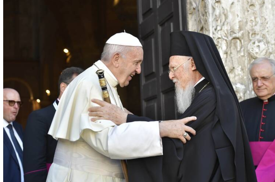 Leaders of the Church: Pope Francis (formerly the head of the Roman Catholic Church) meets with Patriarch Bartholomew (a leader of the Eastern Orthodox Church). (Photo/Vatican Media)