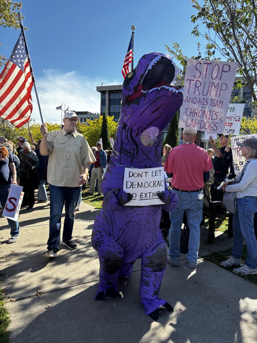 There were many protestors in costumes, like this purple dinosaur holding a sign that reads, “Don’t let democracy go extinct.”