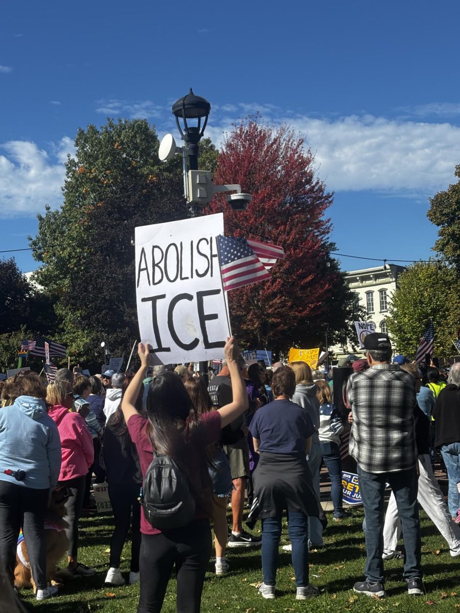 No Kings: A protester holds an “Abolish ICE” sign and waves the American flag while listening to speakers.