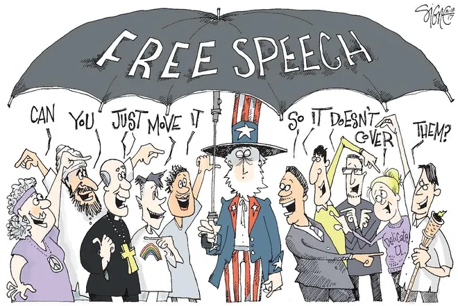 Political cartoon demonstrating the divided First Amendment rhetoric. (Photo/The Holland Sentinel)